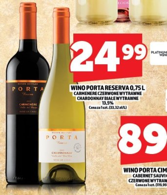 Wino Porta Reserva 0,75l Carmenere czerwone wytrawne / Chardonnay białe wytrawne 12% promocja w TOPAZ