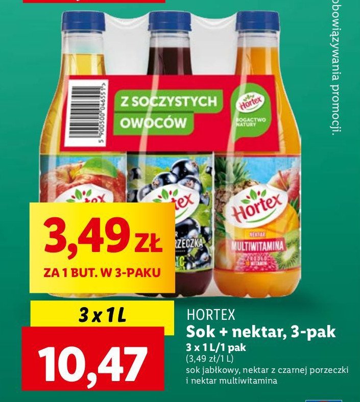Zestaw: sok jabłko + nektarcz czarna porzeczka + sok multiwitamina Hortex promocja