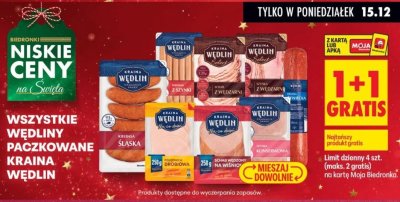 Wędliny paczkowane wszystkie rodzaje 1+1 GRATIS promocja w Biedronka