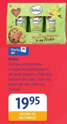 Zestaw prezentowy Balea o zapachu pistaciowym: żel pod prysznic (100 ml), krem do ciała (100 ml), krem do rąk (100 ml) promocja w Drogerie DM