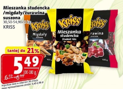 Mieszanka studencka/migdały/rawina suszona KRISS promocja w Prim Market