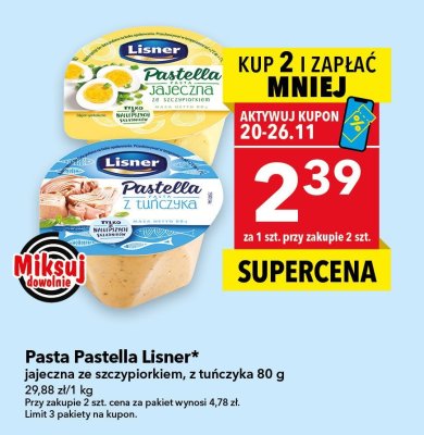 Pasta Pastella Lisner jajeczna ze szczypiorkiem, z tuńczyką 80 g promocja w LEWIATAN