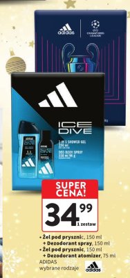 Zestaw kosmetyczny ADIDAS Ice Dive żel pod prysznic 150 ml + dezodorant spray 150 ml + żel pod prysznic 150 ml + dezodorant atomizer 75 ml promocja w Intermarche