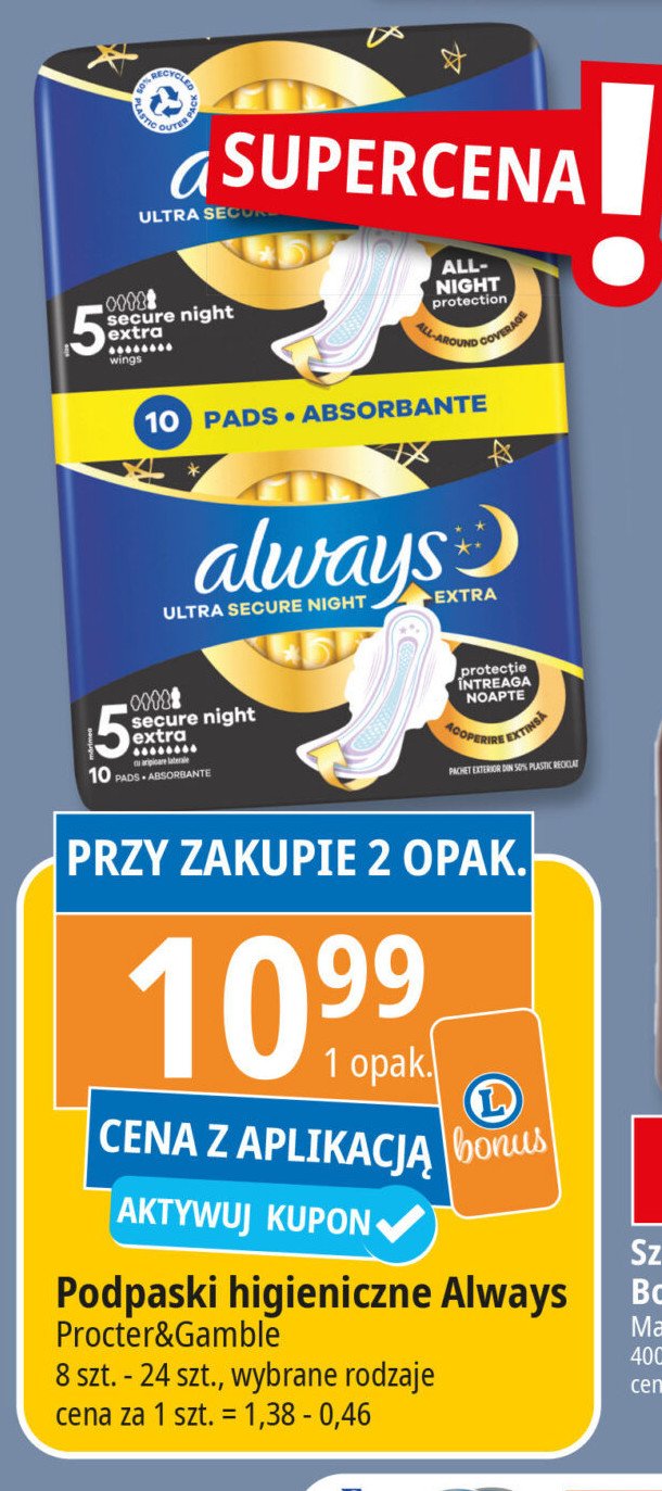 Podpaski secure night extra Always ultra promocja w Leclerc