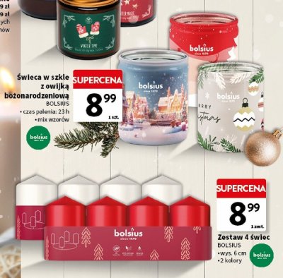 Świeca w szkle z wwijką bożonarodzeniową Bolsius promocja w Intermarche