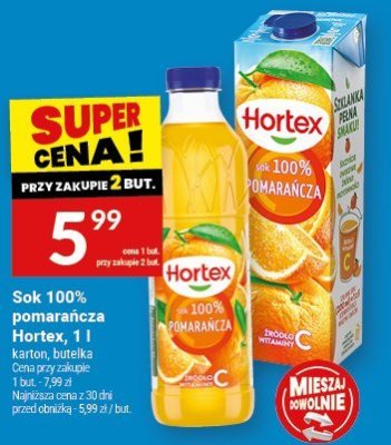 Sok 100% pomarańcza Hortex 1l karton butelka promocja w Twój Market