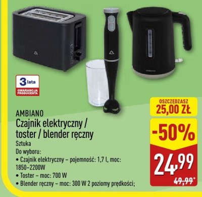 Czajnik elektryczny / toster / blender ręczny AMBIANO - Sztuka Do wyboru: Czajnik elektryczny – pojemność: 1,7 l, moc: 1850–2200W, Toster – moc: 700 W, Blender ręczny – moc: 300 W 2 poziomy prędkości promocja w Aldi