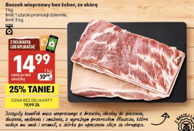 Boczek wieprzowy bez żeber, ze skórą 1kg promocja w Delikatesy Centrum