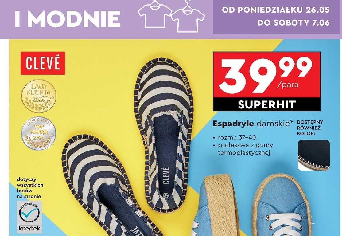 Espadryle damskie 37-40 Cleve promocja w Biedronka