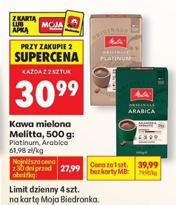 Kawa mielona Melitta, 500 g: Platinum, Arabica promocja w Biedronka