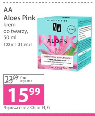 Krem-żel intensywnie nawilżający do twarzy Aa aloes pink promocja