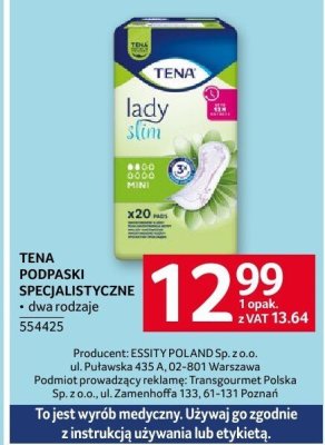 Podpaski specjalistyczne Tena Lady promocja w Selgros