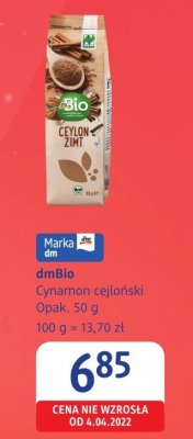 DmBio Cynamon cejloński Opak. 50 g, 100 g = 13,70 zł promocja w Drogerie DM