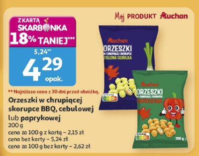 Orzeszki w chrupiącej skorupce BBQ, cebulowej lub paprykowej Auchan 200 g promocja w Auchan