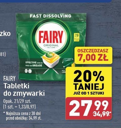 Tabletki do zmywarek lemon Fairy all in 1 promocja w Aldi