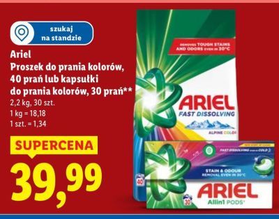 Proszek do prania kolorów Ariel, 40 prań lub kapsułki do prania kolorów, 30 prań promocja w Lidl