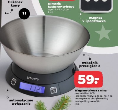 Waga metalowa z misą SMARTY jednostki miary: g, lb oz, ml, fl oz maksymalne obciążenie 5 kg promocja w Netto