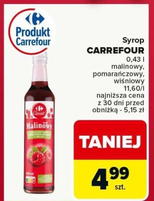 Syrop CARREFOUR malinowy, pomarańczowy, wiśniowy promocja w Carrefour