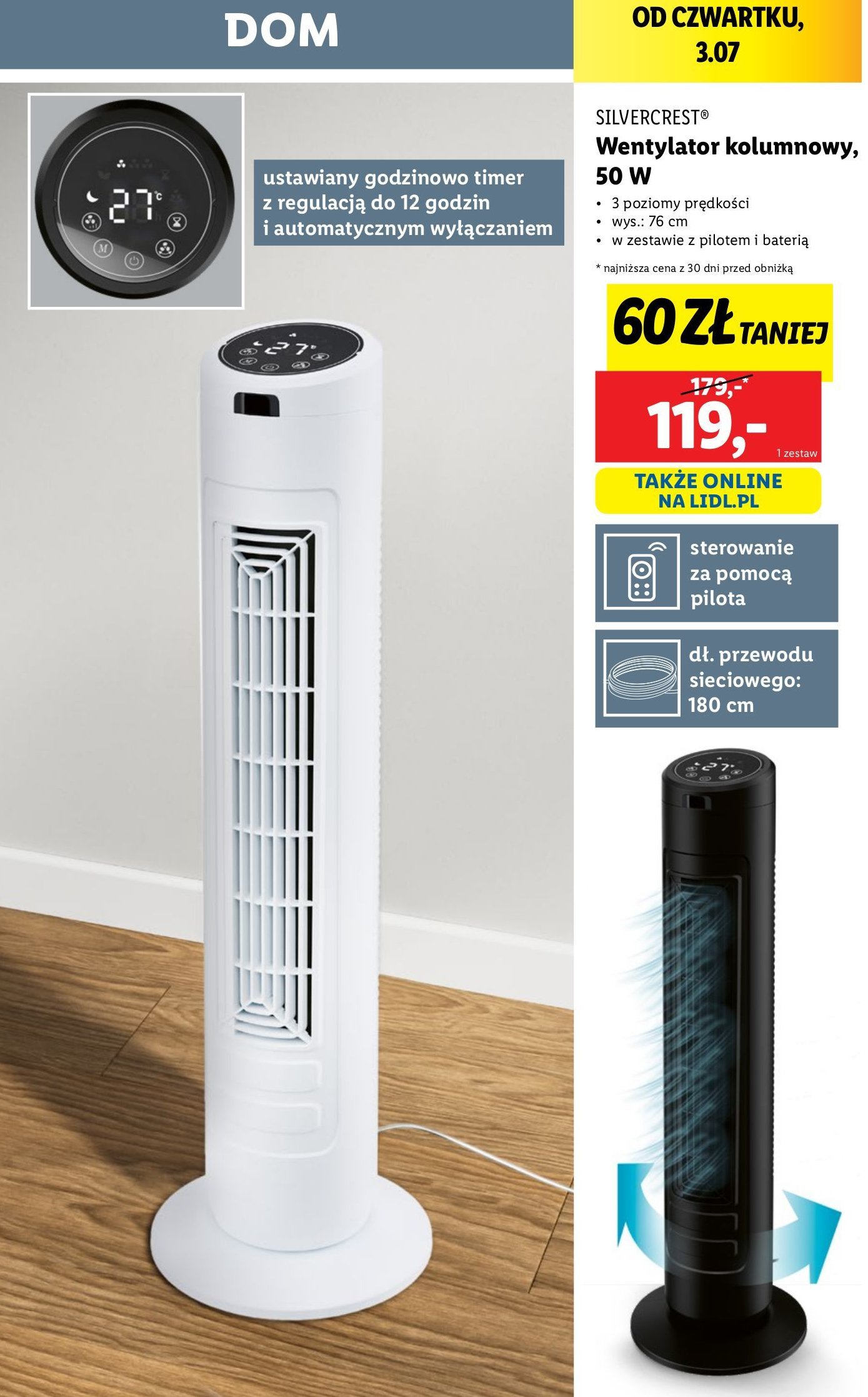 Wentylator kolumnowy 50 w Silvercrest promocja w Lidl