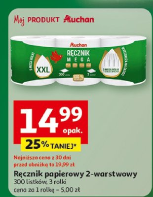 Ręcznik papierowy 2-warstwowy 300 listków, 3 rolki promocja w Auchan