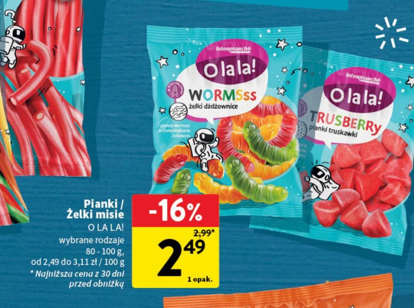 Żelki dźdźownice O la la! promocja w Intermarche