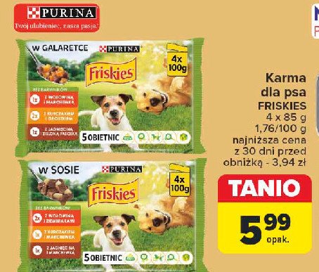 Karma dla psa wołowina kurczak i jagnięcina w galaretce Purina friskies promocja