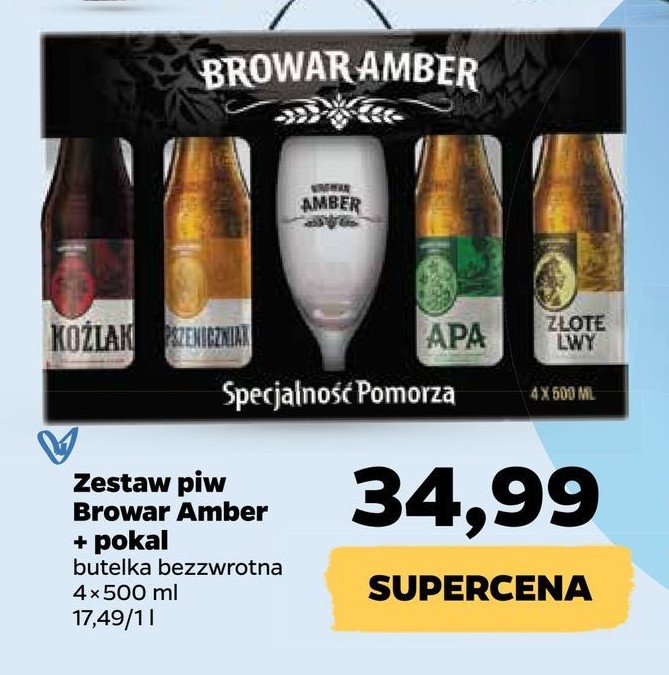 Zestaw piw piwo apa 500 ml + piwo pszeniczniak 500 ml + piwo złote lwy 500 ml + piwo koźlak 500 ml + szklanka Amber browar amber zestaw Amber (kosmetyki) promocja
