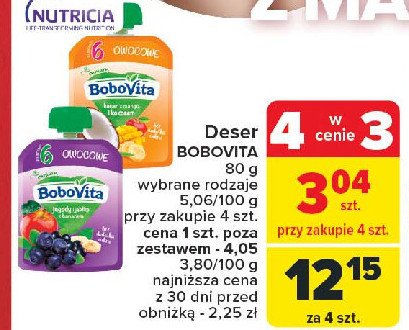 Mus jagody i jabłka z bananem Bobovita promocja w Carrefour Market