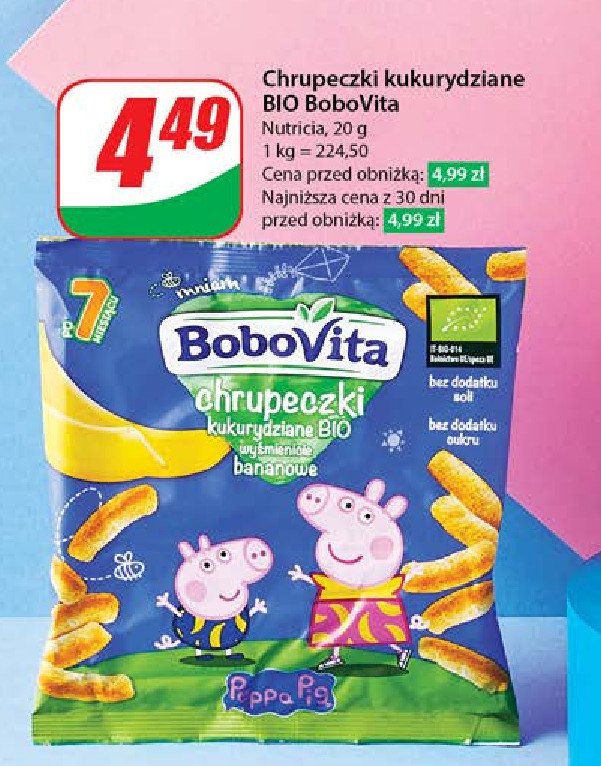 Chrupki kukurydziane wyśmienicie bananowe Bobovita mniam bio promocja w Dino