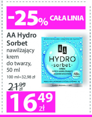Krem hiper-nawilżający aqua revolution kwas hialuronowy, hydro dynamic 3d każdy rodzaj cery Aa hydro sorbet promocja