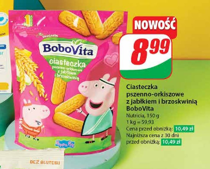 Ciasteczka pszenno-orkiszowe z jabłkiem i brzoskwinią peppa Bobovita promocja w Dino