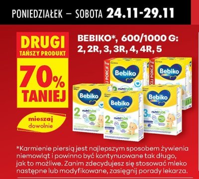 Mleko następne Bebiko 2, 2R, 3, 3R, 4, 4R, 5, 600/1000g drugi -70% taniej promocja w Biedronka