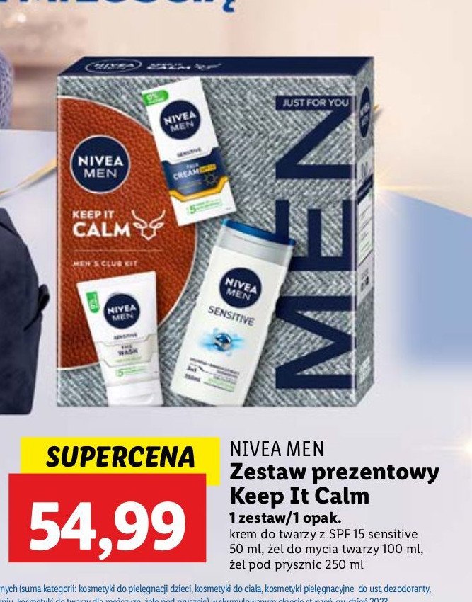 Zestaw w pudełku keep it calm: żel pod prysznic 250 ml + żel do mycia twarzy 100 ml + krem do twarzy spf 15 50 ml Nivea men zestaw promocja w Lidl