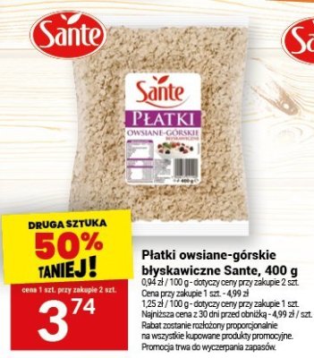 Płatki owsiane-górskie błyskawiczne Sante, 400 g promocja w Twój Market