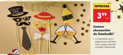 Zestaw akcesoriów do fotobudki w zestawie m.in.: papierowe okulary, usta, wąsy, krawat, muszka, kapelusiki promocja w Biedronka
