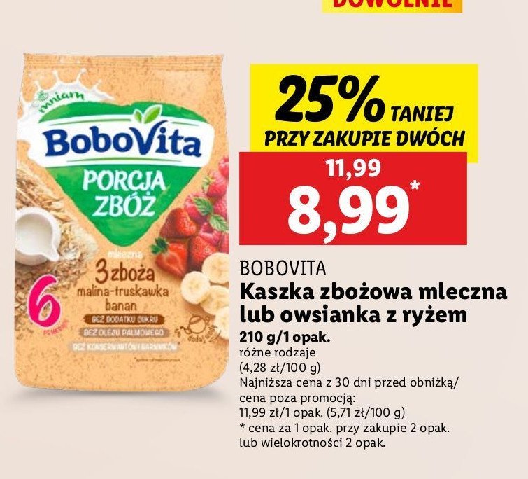 Kaszka mleczna 3 zboża malina-truskawka-banan Bobovita porcja zbóż promocja