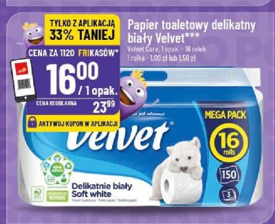Papier toaletowy delikatny biały Velvet Velvet Care 1 opak. - 16 rolek 3 rolla promocja w POLOmarket