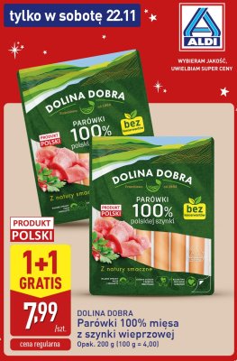 Parówki 100% mięsa z szynki wieprzowej 1+1 GRATIS promocja w Aldi
