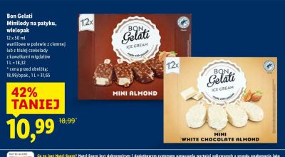 Minilody na patyku Bon Gelati wielopak waniliowe w polewie z ciemnej lub z białej czekolady z kawałkami migdałów promocja w Lidl