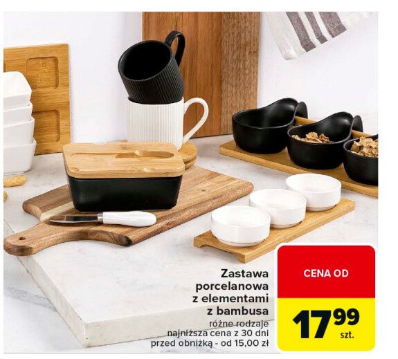 Miseczki porcelanowe na desce bambusowej promocja w Carrefour