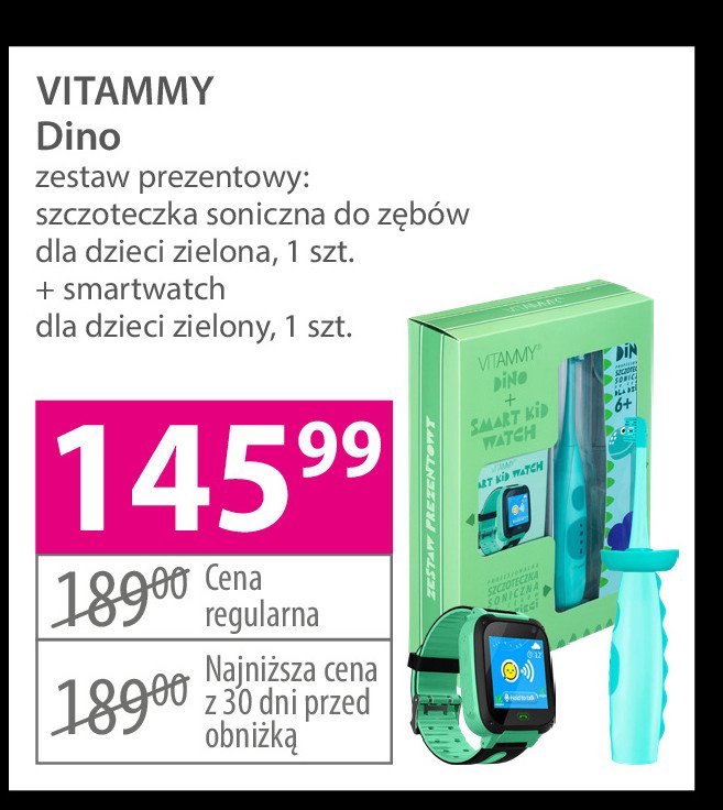 Zestaw: szczoteczka soniczna do z臋b贸w dla dzieci dino zielona + smartwatch zielony Vitammy promocja