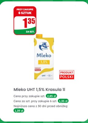 Mleko UHT 1,5% 1l promocja w Dino