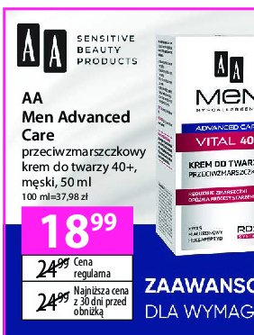 Vital 40+ krem do twarzy przeciwzmarszczkowy, redukuje zmarszczki opóźnia procesy starzenia Aa men advanced care promocja w Hebe