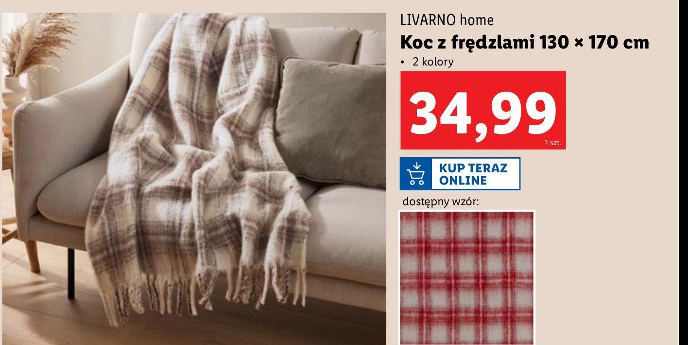 Koc z frędzlami 130 x 170 cm LIVARNO HOME promocja w Lidl