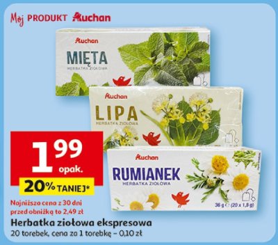 Herbatka ziołowa ekspresowa Auchan (mięta, lipa, rumianek) promocja w Auchan
