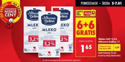 Mleko UHT 3,2% 1 l 6+6 GRATIS promocja w Biedronka