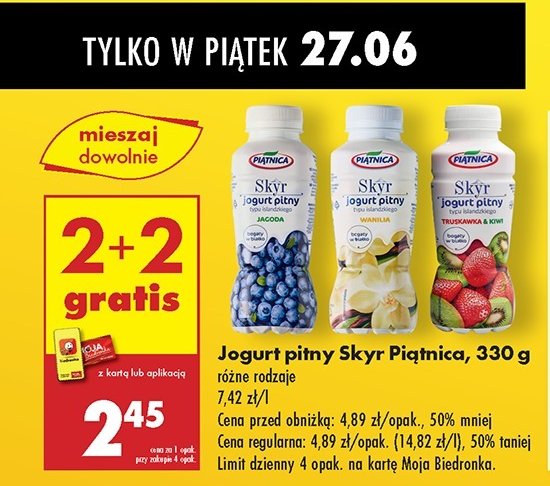 Jogurt pitny jagoda Piątnica skyr promocja w Biedronka