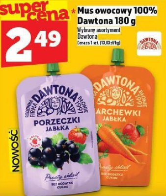 Mus owocowy 100% Dawtona 180 g promocja w TOPAZ