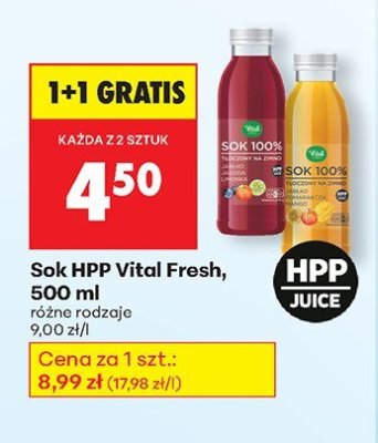 Sok HPP Vital Fresh, 500 ml różne rodzaje promocja w Biedronka