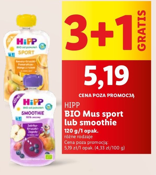 Mus banany gruszki pomarańcze manago z ryżem HIPP BIO SPORT promocja